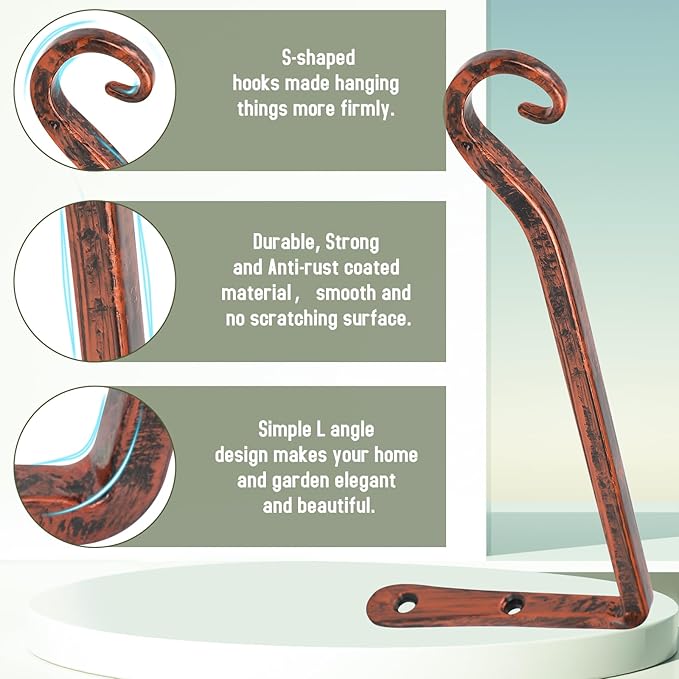 FEED GARDEN 2 Pack 10 Inch Hanging Plant Bracket Wall Hooks Decorative Plant Hangers for Outdoor Hanging Bird Feeders, Wind Chimes, Plant Baskets, Antique Bronze
