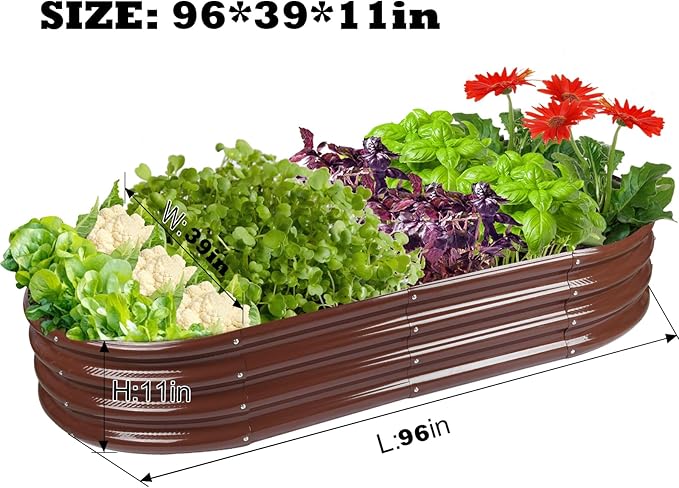 Rakukiri Raised Garden Bed GRS Certified Galvanized Planter Box Outdoor, 8ft Oval Rot-Resistant Metal Garden Bed Planter, Recycled Material Planter for Vegetables Flowers Herbs (Brown)