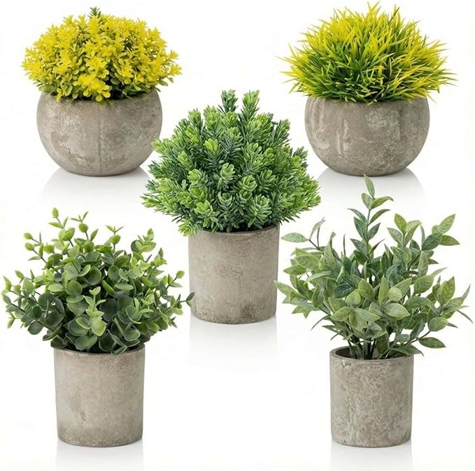 5 Pack Fake Plants, Artificial Eucalyptus & Greenery in Cement Pots - Small Potted Faux Plants for Indoor Outdoor Shelves, Desk, Table, Farmhouse Bathroom, Office & Modern Home Decor