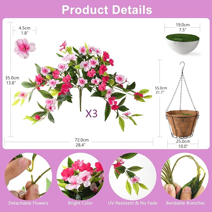 Hommyea Artificial Fake Hanging Flowers Plants Basket for Outdoors Outside Decoration UV Resistant Faux Silk Flowers Look Real Plastic Flowers for Spring Planters Home Porch Patio Garden Decor