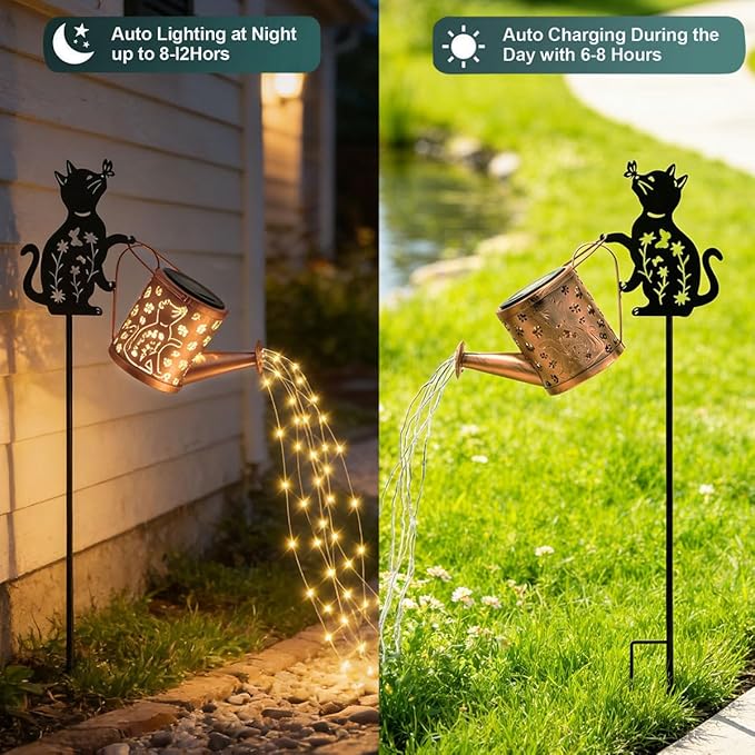 Solar Watering_Can with Light, 2 Pcs Outdoor Solar Cat Garden Decorative, Featuring Metal Cat Silhouette Stake, Gift for Women, Outdoor Waterproof, for Landscape, Lawn, Garden Path Decor