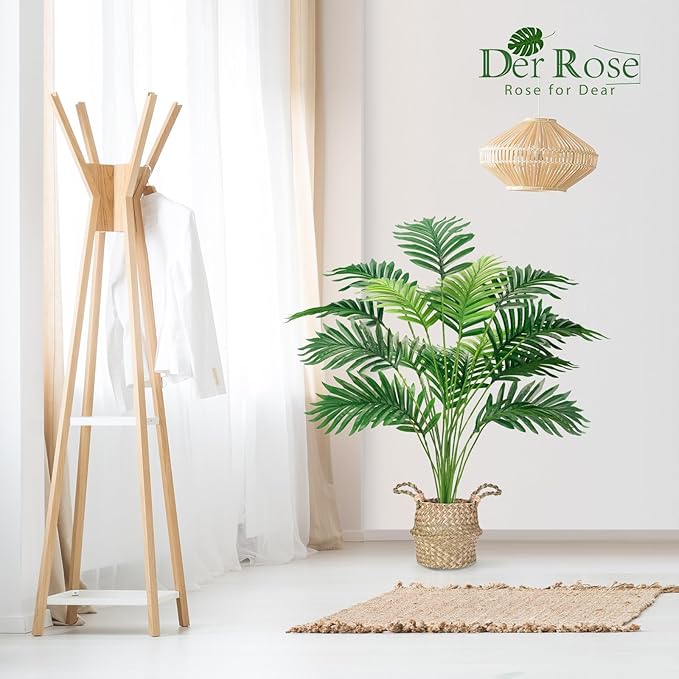Der Rose Fake Palm Tree 28Inch Faux Plant Potted Tall Fake Plant with Hand-Woven Baskets Artificial Tree for Indoor Outdoor Home Office Bedroom Porch Balcony Decor