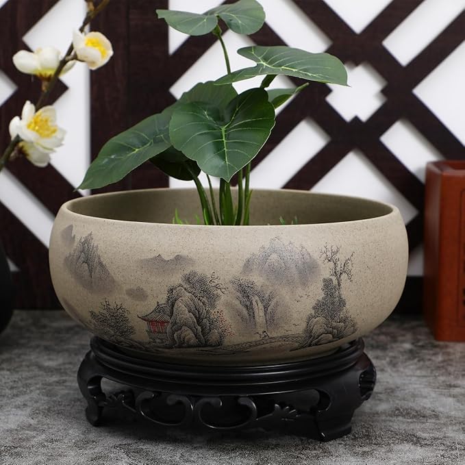 DOITOOL Blue and White Porcelain Planter with Ceramic Base 6.69In Lotus Flower Pot Indoor Hydroponic Bonsai Decorative Plant Container for Home Garden Office