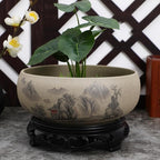 DOITOOL Blue and White Porcelain Planter with Ceramic Base 6.69In Lotus Flower Pot Indoor Hydroponic Bonsai Decorative Plant Container for Home Garden Office