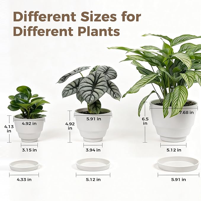 Bamworld Plant Pots Planters for Indoor Plants Flower Pots with Drainage Holes 3.5/4.9/6.3 Inch Set of 3 Plastic Planters for Outdoor Plants Garden Office Room Home Decor Textured White