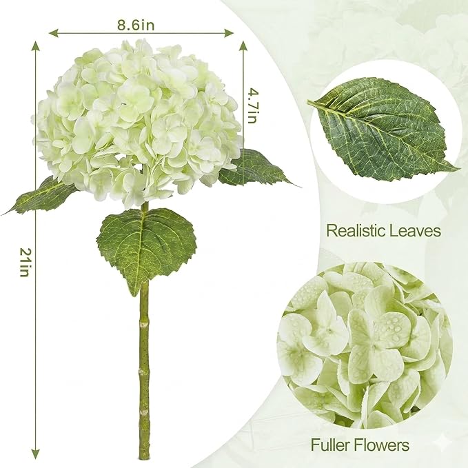 6Pcs Hydrangea Artificial Flowers Realistic Latex Texture for Spring Decoration Home Party Wedding Living Room Decoration 21''(3pcs Light Green+3pcs White)