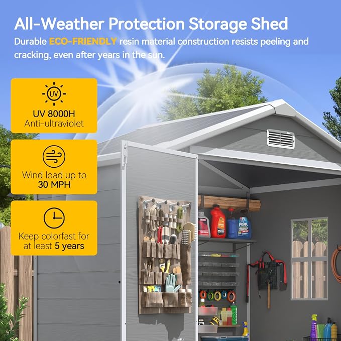 Aoxun 6x4 FT Outdoor Storage Shed, Plastic Garden Resin Shed with Floor and Window for Patio, Lawn, Outdoor Storage with Lockable Door for Bike, Tools, Garbage Can, Grey