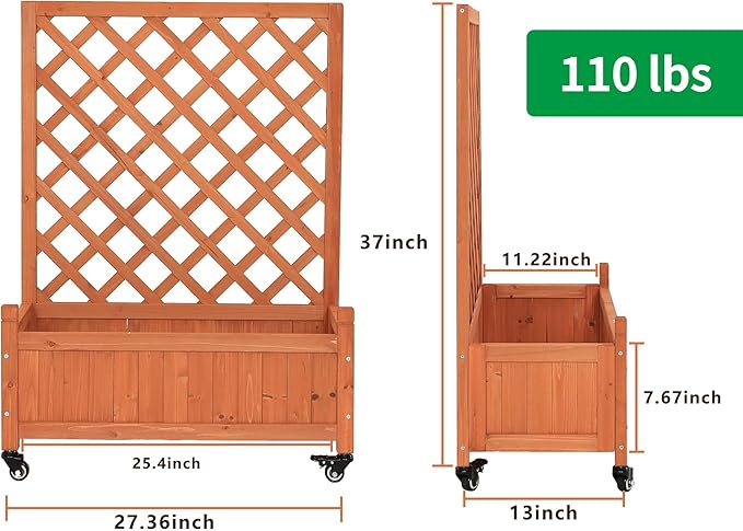 2 Pcs Wooden Planter Boxes with Trellis: Four Universal Wheels for Easy Mobility, 37.6" H x 27.5" W x 13" D,Perfect for Outdoor Climbing Plants on Patios, Balconies & Gardens