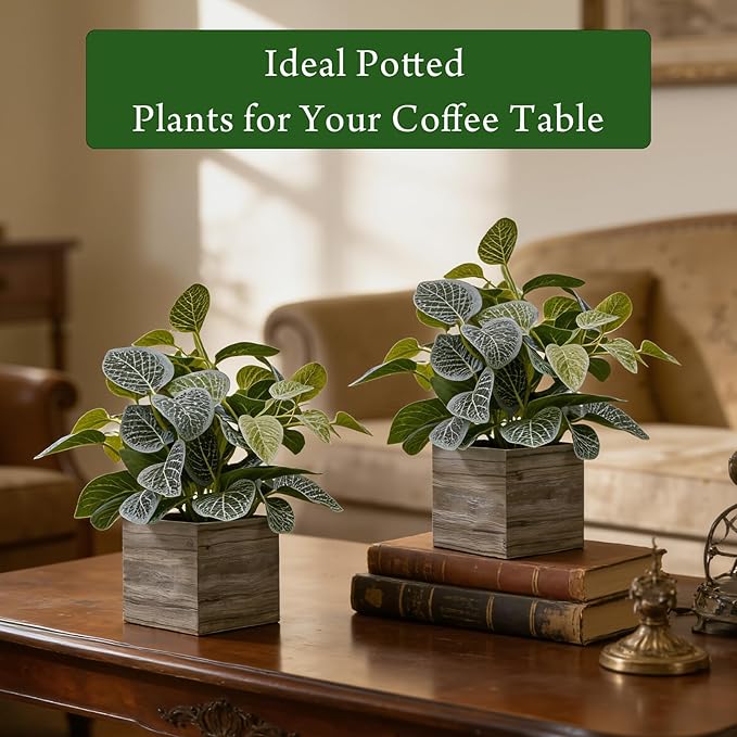 2 Pack 12" Medium Eucalyptus Fake Plants, Artificial Plants Indoor with 4 Inch Wooden Planters, Faux Potted Silk Plants for Home Decor, Desk, Shelves, Desktop, Coffee Table, Bedroom