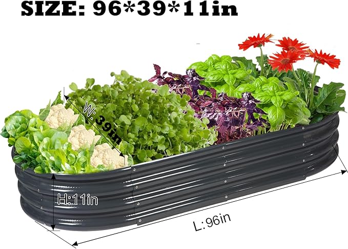 Rakukiri Raised Garden Bed GRS Certified Galvanized Planter Box Outdoor, 8ft Oval Rot-Resistant Metal Garden Bed Planter, Recycled Material Planter for Vegetables Flowers Herbs (Grey)