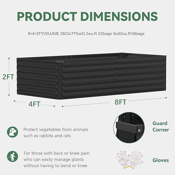 FOOWIN 2pcs 8x4x2ft Galvanized Raised Garden Bed, Planter Raised Garden Boxes Outdoor, Large Metal Raised Beds for Gardening, Garden Bed for Vegetables, Flowers, Herb,478 Gallon Capacity, Black