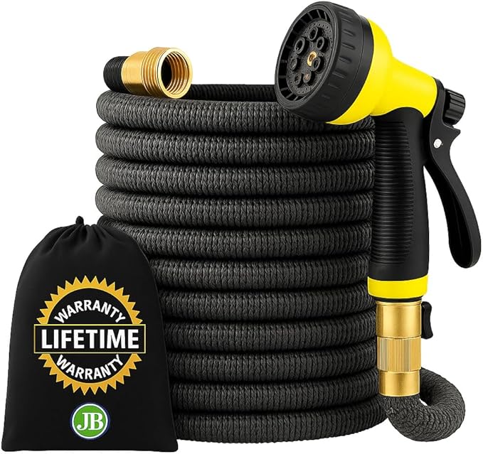 J&B XpandaHose 100ft Expandable Garden Hose – Ultra-Strong 3750D, 4-Layer Latex Core, Brass 3/4" Connectors, 10-Pattern Nozzle & Storage Bag – Lightweight, Kink-Reducing, Leak-Resistant