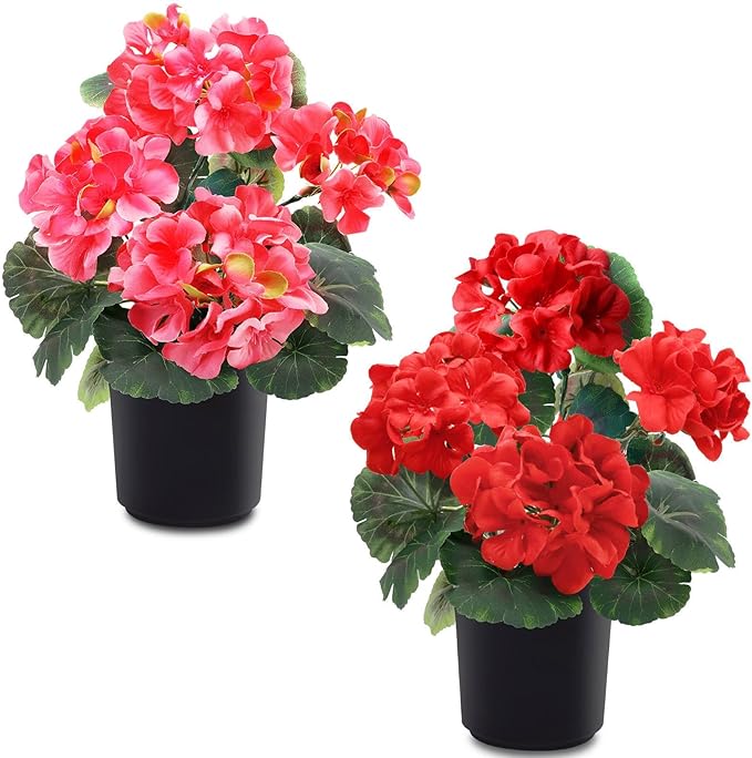 TURNMEON 2 Pack Artificial Geranium Fake Flowers for Outdoors Spring Summer Decor, Silk Geraniums Flowers UV Resistant Faux Flower Potted Plants for Gardens Farmhouse Indoor Home Table Decor (Mixed)