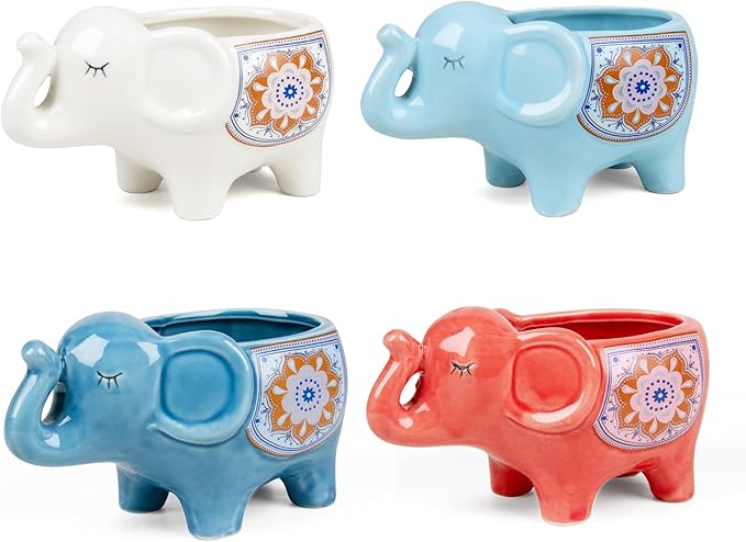 Elephant Planter Cartoon Succulent Pots with Drainage 5.31 Inch Animal Planter Cute Plant Pots Succulent Planter Container Ceramic Flower Pots Perfect for Home Decor and Gifts, Set of 4