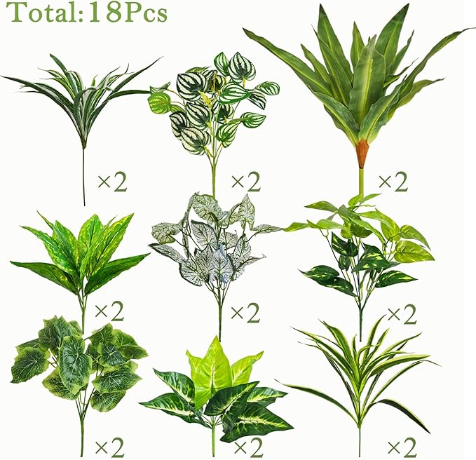 Artificial Plants for Outdoors Faux Greenery Leaves UV Resistant Realistic Plastic Large Bunches Shrubs Bushes with Stems, Fake Plants Decor Outdoor for Front Porch Door Patio Garden Yard, 18Pcs