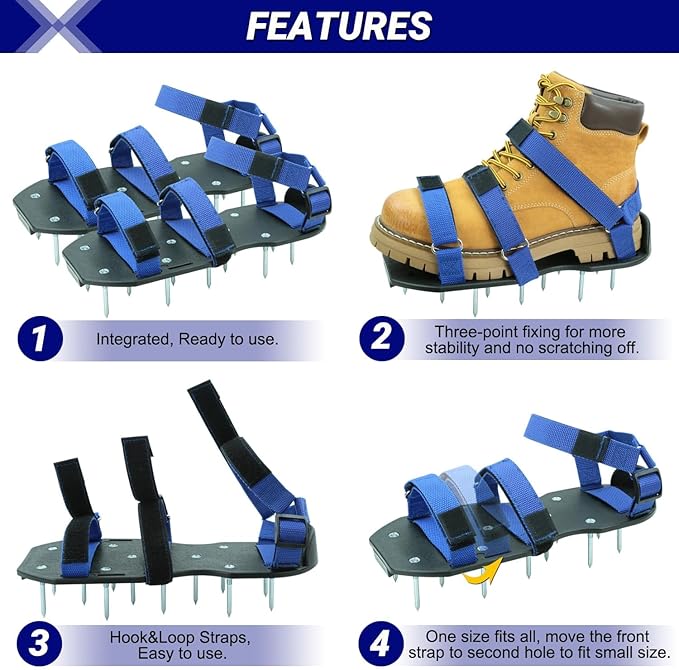 Lawn Aerator Shoes for Lawn, Soil Yard Aerator Tool with Hook & Loop Straps for Effectively Aerating, One Size Fits All Free-Installation Lawn Shoes for Yard Garden Patio Grass, Blue