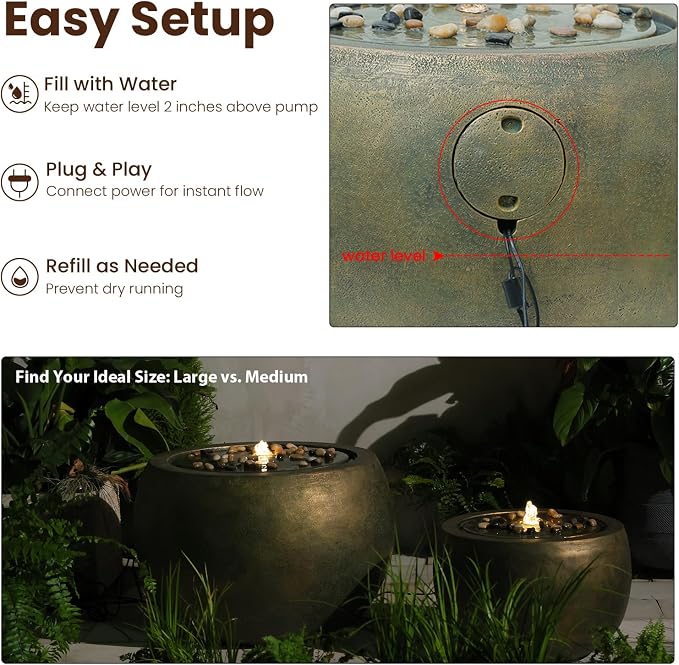 Tankana Garden Water Fountain Outdoor Large Round Bubbler Water Feature Indoor with Lights & Pump and Pebbles Concrete Effect for Patio Pool Pond Yard Home Decor Gold, 25 "L X 25" W X 17.5" H