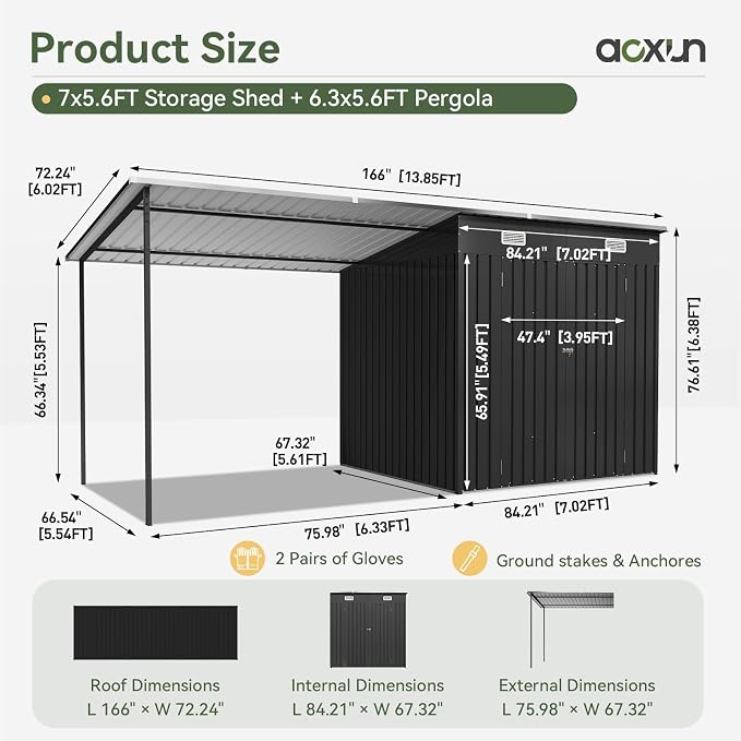 Aoxun 7x6FT Outdoor Storage Shed & Hardtop Canopy Gazebo Combo | 13.3x5.6FT Metal Lean to Shed, 2-in-1 Garden Bike Shed for Patio, Backyard, Deck, Black