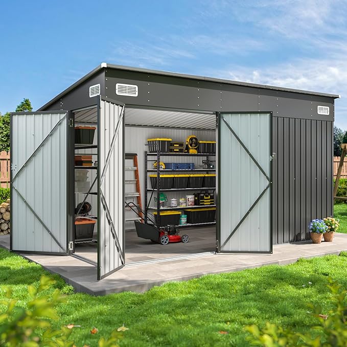 Aoxun 12'x7.3' Outdoor Storage Shed with Triple Lockable Door, Metal Storage Shed with Slopping Roof for Tools Bicycles Storage in Garden, Backyards, Black
