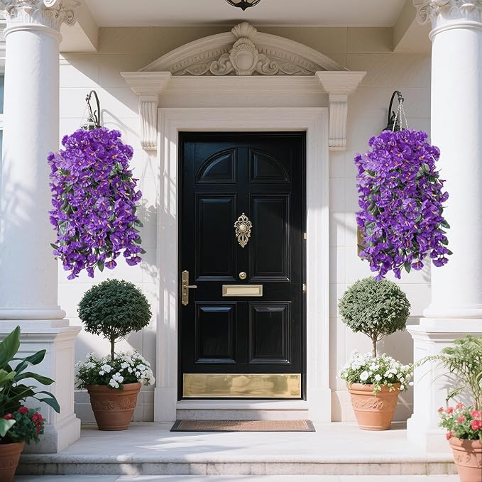 Artificial Flowers for Outdoors Fake Purple Morning Glory Hanging Flower Decoration, 2Pcs Realistic Faux Plants Petunias Long Trailing Vines,Spring Decor for Porch Patio Balcony Planter Yard