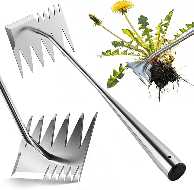 LOOHOI Upgraded Weed Puller Tool, 4-Tooth Stainless Steel Manual Weeder, Garden Weed Remover Tool for Vegetable Gardening Backyard Farm Planting & Weeding