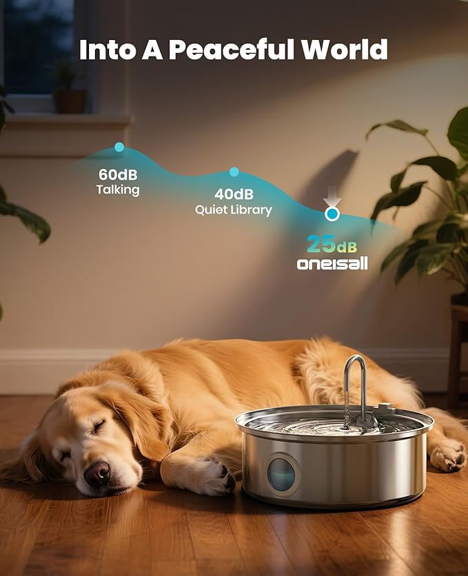 oneisall Dog Water Fountain Stainless Steel for Large/Medium Dogs,7L/230oz Pet Fountain with Visual Water Level,Ultra-Quiet Water Bowl with 5-Stage Filtration,Dispenser for Living Room Kitchen