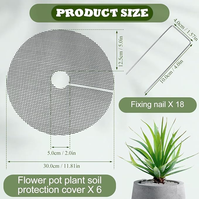 6 Pack Plant Pot Grids with 18 U-Shaped Nails, 11.8 Inch Cuttable Soil Cover Protector from Cats and Animals, Indoor Plant Pot Soil Guard for Outdoor Garden Balcony Adapts to Different Pot Sizes