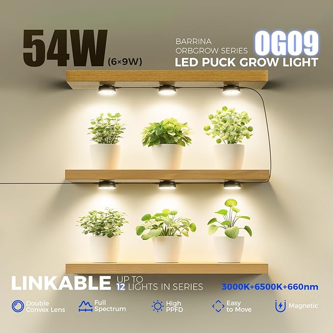 Barrina Orbgrow OG09 Puck LED Grow Light with 660nm Red LEDs, 54W(6 x 9W, 810 Watt Equiv), Plant Lights for Indoor Plants Full Spectrum, Magnetic & Linkable, Small Grow lamp, Seeding, 6 Packs, Black