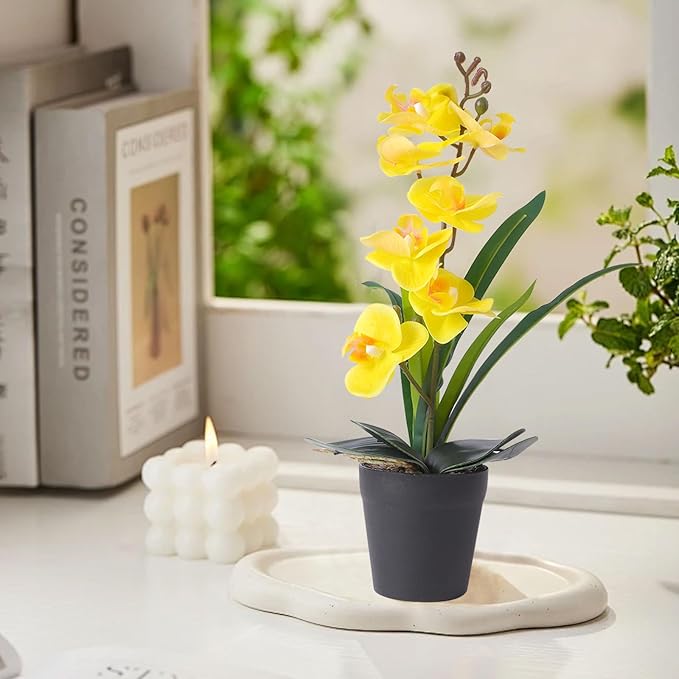 Real Touch Artificial Orchids Flower in Pot, Yellow Faux Orchids Flowers with Vase Fake Phalaenopsis Orchids Arrangement for Table Centerpiece Wedding Party Office Decor