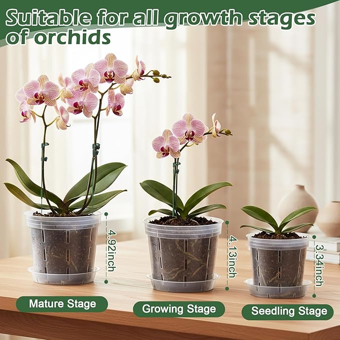 LUCKJUJU 12 Sets Orchid Pot with Holes, 4, 5, 6 Inch Clear Plastic Plant Pot with Saucers, Plant Stakes, Clips, Orchid Pots with Drainage for Repotting for Indoor Outdoor Plants