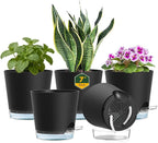 Meowell 7 inch Self Watering Pots for Indoor Plants, 5 Pack Plant Pots with Drainage Holes & Clear Reservoir for Visible Water Level, Plastic Wicking Planter Pots for House Plants and Flower, Black
