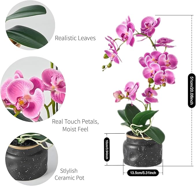 Avoeco Artificial Real Touch Orchid Plant – 20″ Faux Phalaenopsis in Pot – Highly Realistic Silk Orchid Flower & Leaf Texture for Home, Office,Shop & Wedding Décor (Fuchsia, 20”)