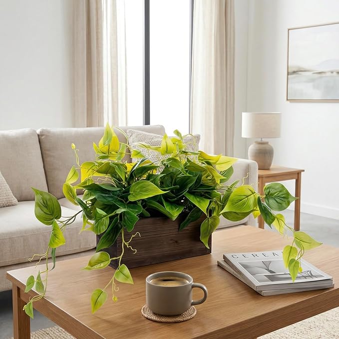 MyGift Vibrant Lifelike Artificial Plant Pothos Leafy Vine Greenery in Burnt Brown Solid Wood Rectangular Planter Box