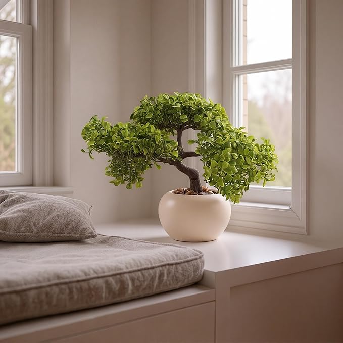 9.5 Inch Artificial Bonsai Tree with Ceramic Pot - Decorative Fake Plant for Home Office Living Room Window Sill, Fake Plants for Year-Round Decoration（White）