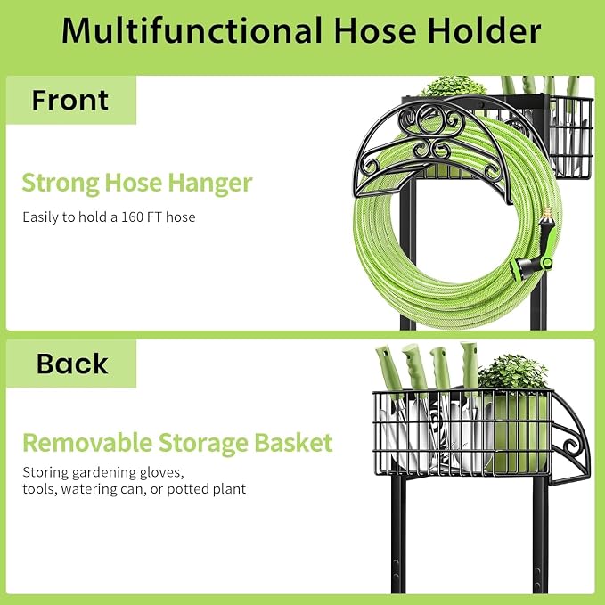 TomCare Garden Hose Holder Upgraded Water Hose Holder Heavy Duty 4 Spikes Hose Hanger Holds 160 Feet Hoses Stable Freestanding Hose Storage Organizer for Outside Yard