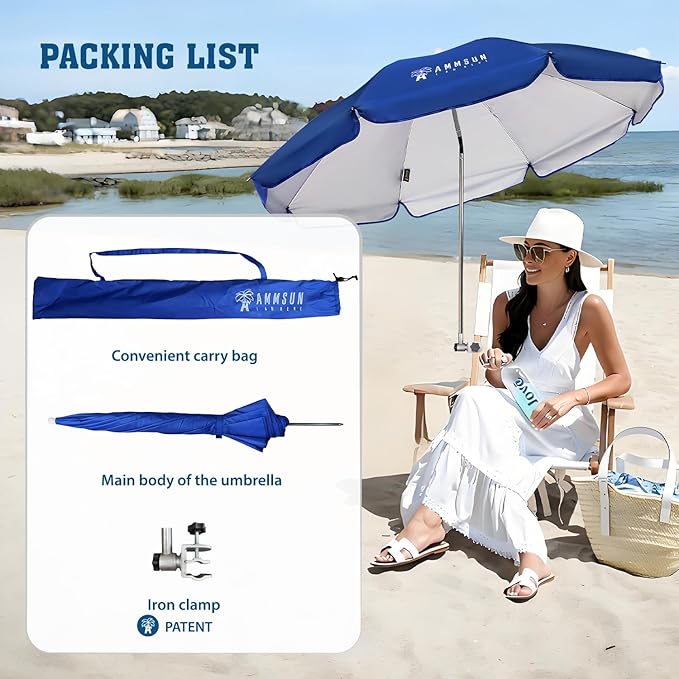 AMMSUN Chair Umbrella with Universal Clamp Adjustable 47 inches and 360° Swivel & UPF 50+ Protection Portable Sun Umbrella, Secure Clip on Camping/Beach Chairs, Stroller, Wheelchair, Golf cart, Lounger, Blue, Large-sized