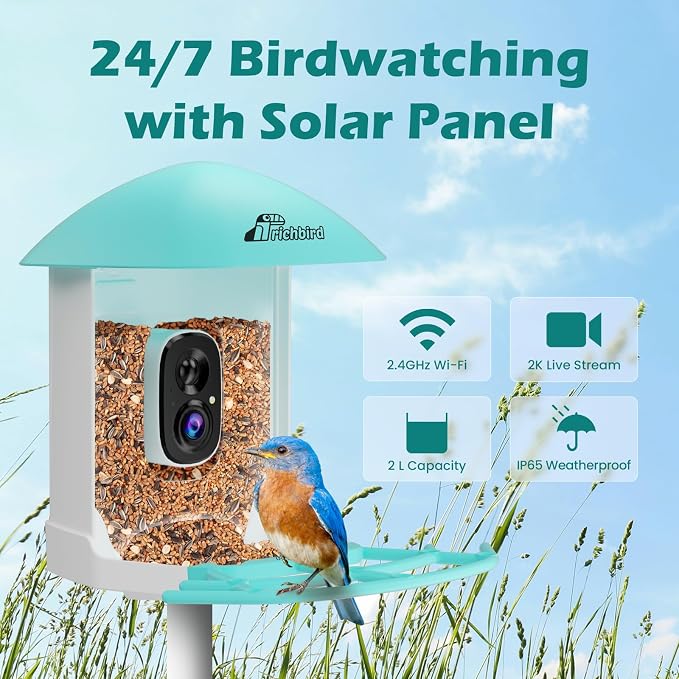 Bird Feeder with Camera, Smart Bird House with Cam for Outside, 2K HD Auto Record Video, AI Identification & Instant Alerts, Solar Powered, Bird Watching Cam for Dad Grandpa Birdlovers, Light Blue