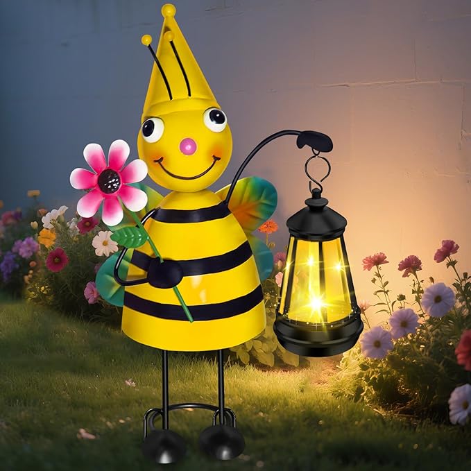 Solar Garden Bee Statue with LED Lantern,14.17 Inch Outdoor Waterproof Bee Figurine Decoration for Patio,Balcony,Yard,Lawn,Birthday Gifts for Women Grandma