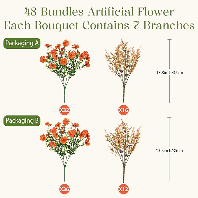 SHareconn 48 Bundles Artificial Flowers for Outdoors Decoration, Faux Plants Fake Silk Colorful Daisy Eucalyptus Lavender, UV Resistant for Outside Home Porch Patio Indoor Spring Decor, Orange
