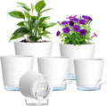 Meowell Self Watering Pots Pack of 6 – Different Size 4" to 7" Indoor Plant Pots with Drainage Holes and Clear Reservoir for Visible Water Level, Plastic Wicking Planters for House Plants, White
