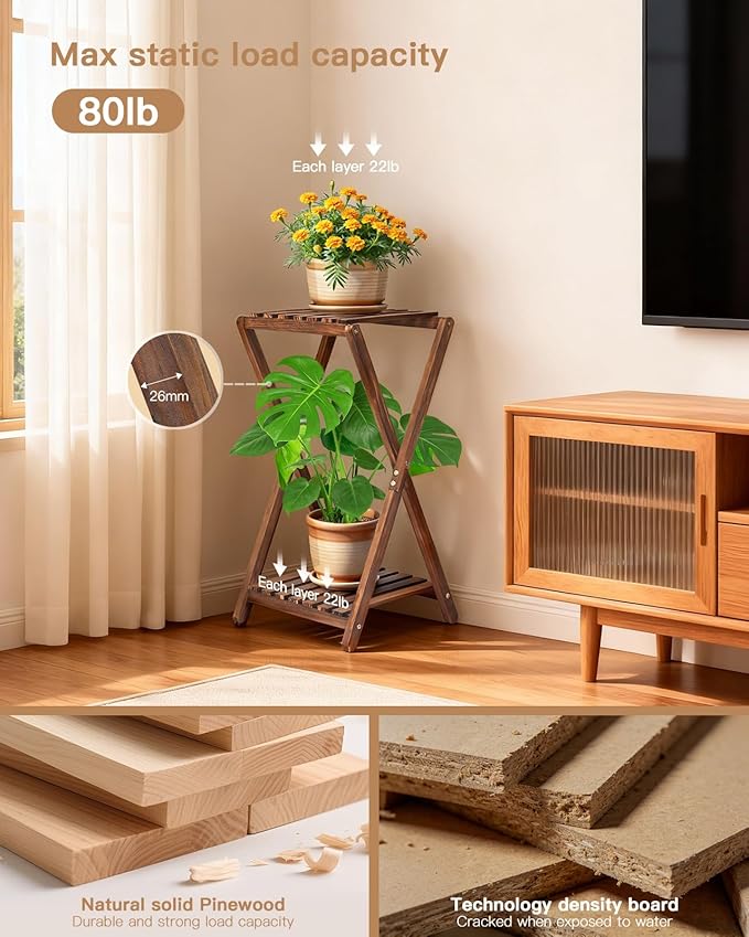 Plant Stand Indoor,Wooden 2 Tier Plant Stands,Corner Square Plant Shelf,Rustic Flower Stand Tall Plant Holder for Living Room Bedroom Balcony Office