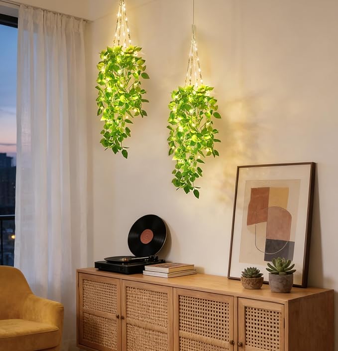 Mkono 2 Packs Fake Hanging Plant with Lights, Artificial Plants for Home Decor Indoor Macrame Plant Hanger with Fake Vines Greenery for Bedroom Bathroom Kitchen Office Decor