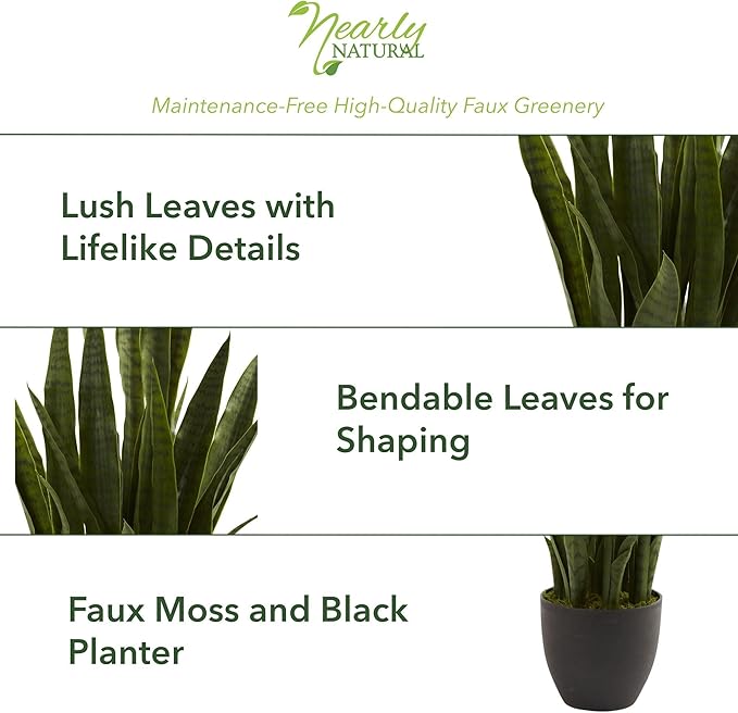 Nearly Natural 35in Artificial Snake Plant, Sansevieria Faux Greenery with Black Planter for Indoor Home Office Decor, Low Maintenance