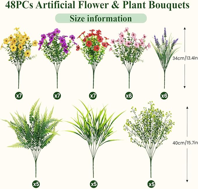 Alupssuc 48 Bundles Artificial Flowers for Outdoors Planters Spring Decoration, UV Resistant Faux Eucalyptus Violet and Lavender Silk Fake Plants for Outside Indoor Yard Home Patio Decor, Mix 4 Colors