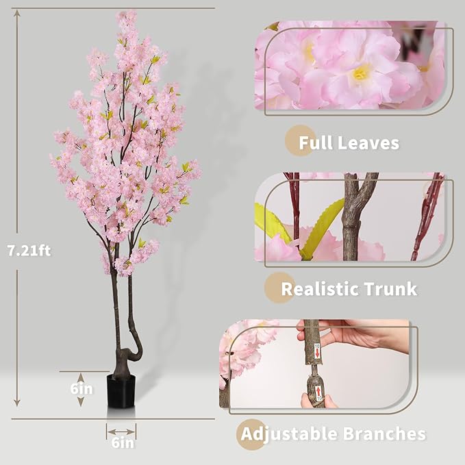 Artificial Pink Cherry Blossom Tree 7ft(84in) Faux Floor Green Plant for Indoor Decor Natural Potted Tree Realistic Cherry Flowers Wood Trunk for Home Living Room,Office Perfect Housewarming Gift