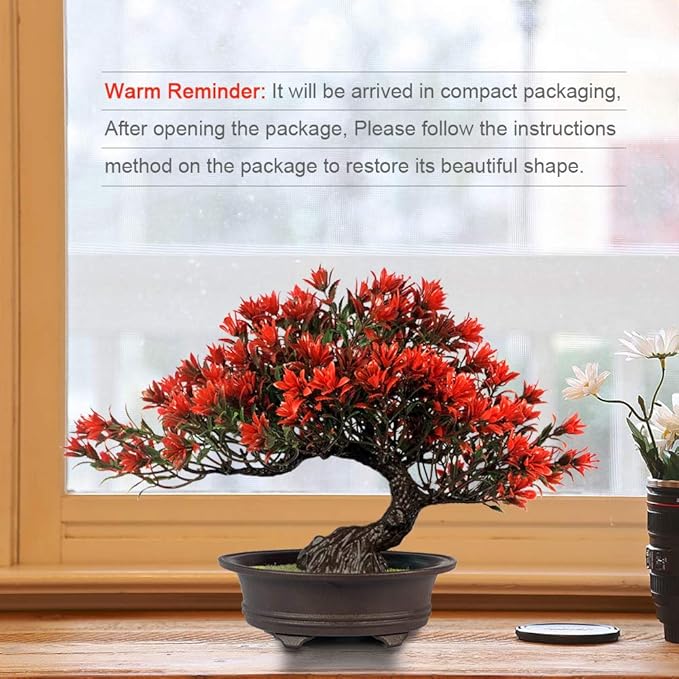 Artificial Bonsai Tree Fake Plants for Home Decor, Living Room Bathroom Bookshelf Entryway Table Wall Shelf Modern Farmhouse Decor, 9.5" Tall, Red