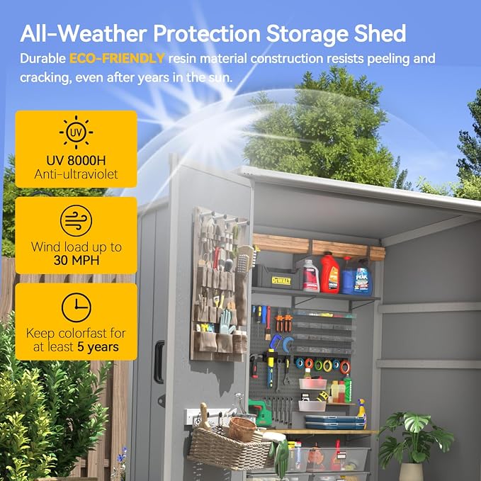 Aoxun 5x3 FT Outdoor Storage Shed, Plastic Resin Garden Shed with Floor for Patio, Lawn, Outdoor Storage Cabinet with Lockable Door for Bike, Tools, Garbage Can, Grey