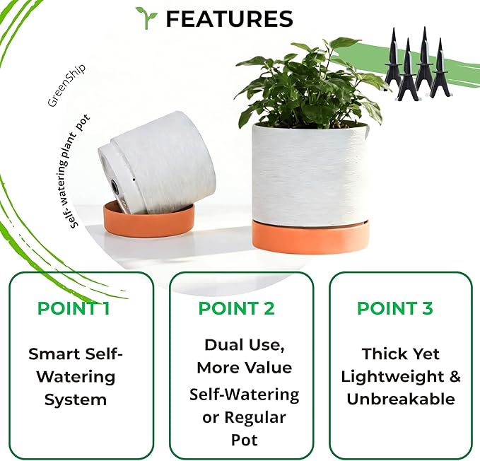 GreenShip Planter Set of 2 (13.7" & 11.8") – Cylinder Planters with Drainage Hole and Planter Saucer, Jun Porcelain Clay & Recycled Resin, Decorate Home,Office & Outdoor,White pots