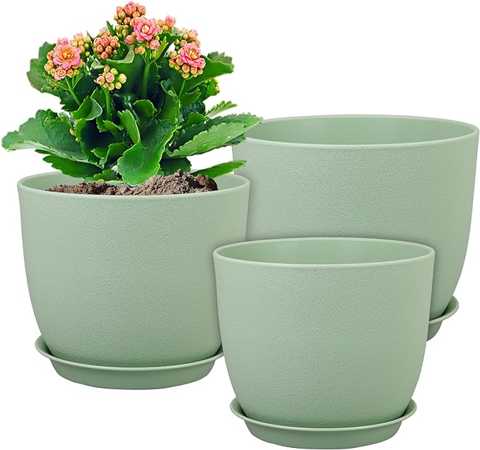WSMKSZ Large Plant Pots 12/10/9 inch, Set of 3 Modern Decorative Plastic Planters with Drainage Holes and Saucers, Flower Pots for Indoor Outdoor Plants, Green