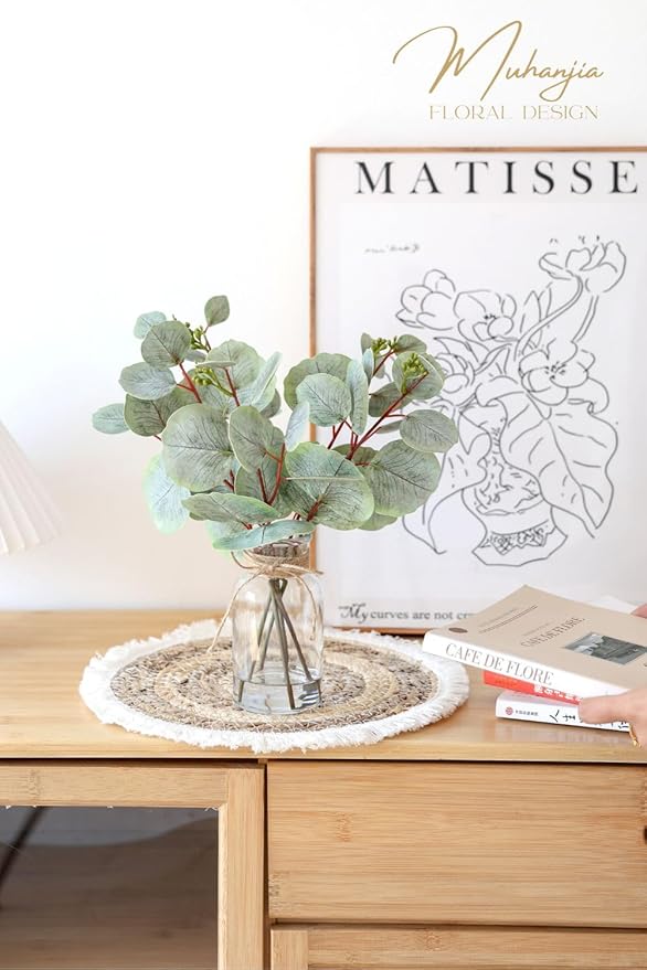 Muhanjia Artificial Eucalyptus Stems in Glass Vase with Faux Water,5Pcs Fake Plant with Double-Sided Leaves and Green Seeds for Centerpiece (Double-Sided Green Eucalyptus with Seed)